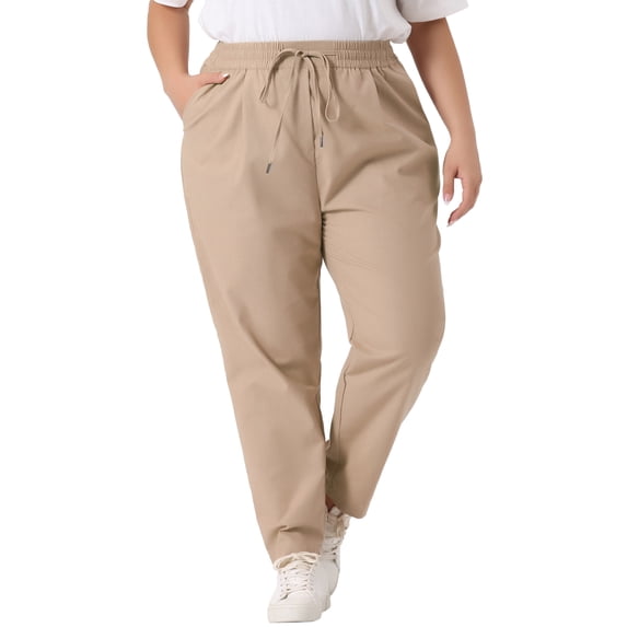Unique Bargains Women Plus Size Straight Leg Drawstring Elastic Loose Pockets Trousers 2X Khaki