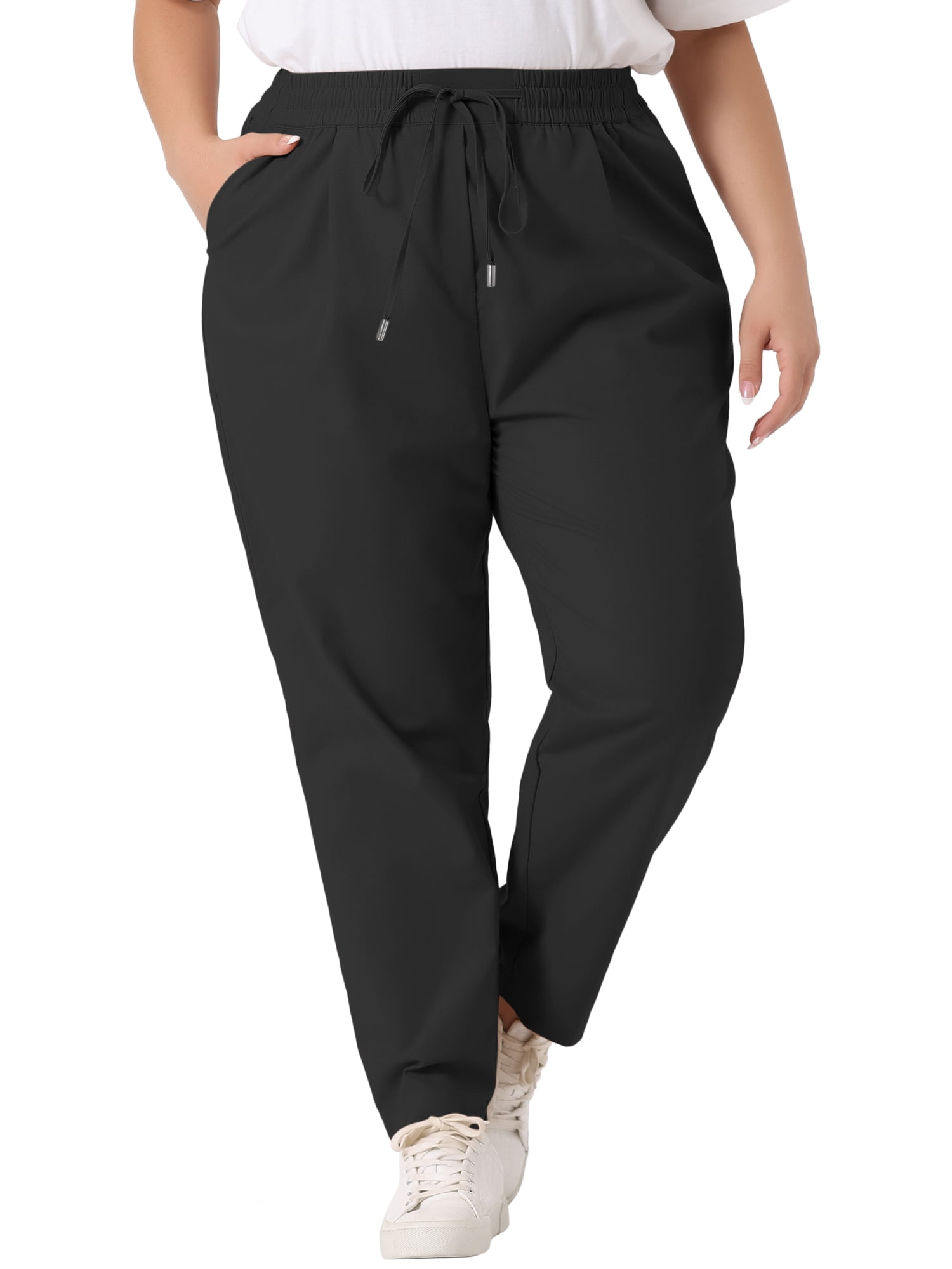 DARING DIVA Women's Plus Straight Leg Elastic Loose Pockets Trousers Black 3X