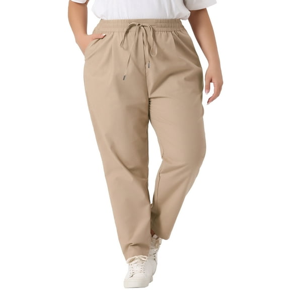 DARING DIVA Women's Plus Straight Leg Elastic Loose Pockets Trousers Khaki 3X