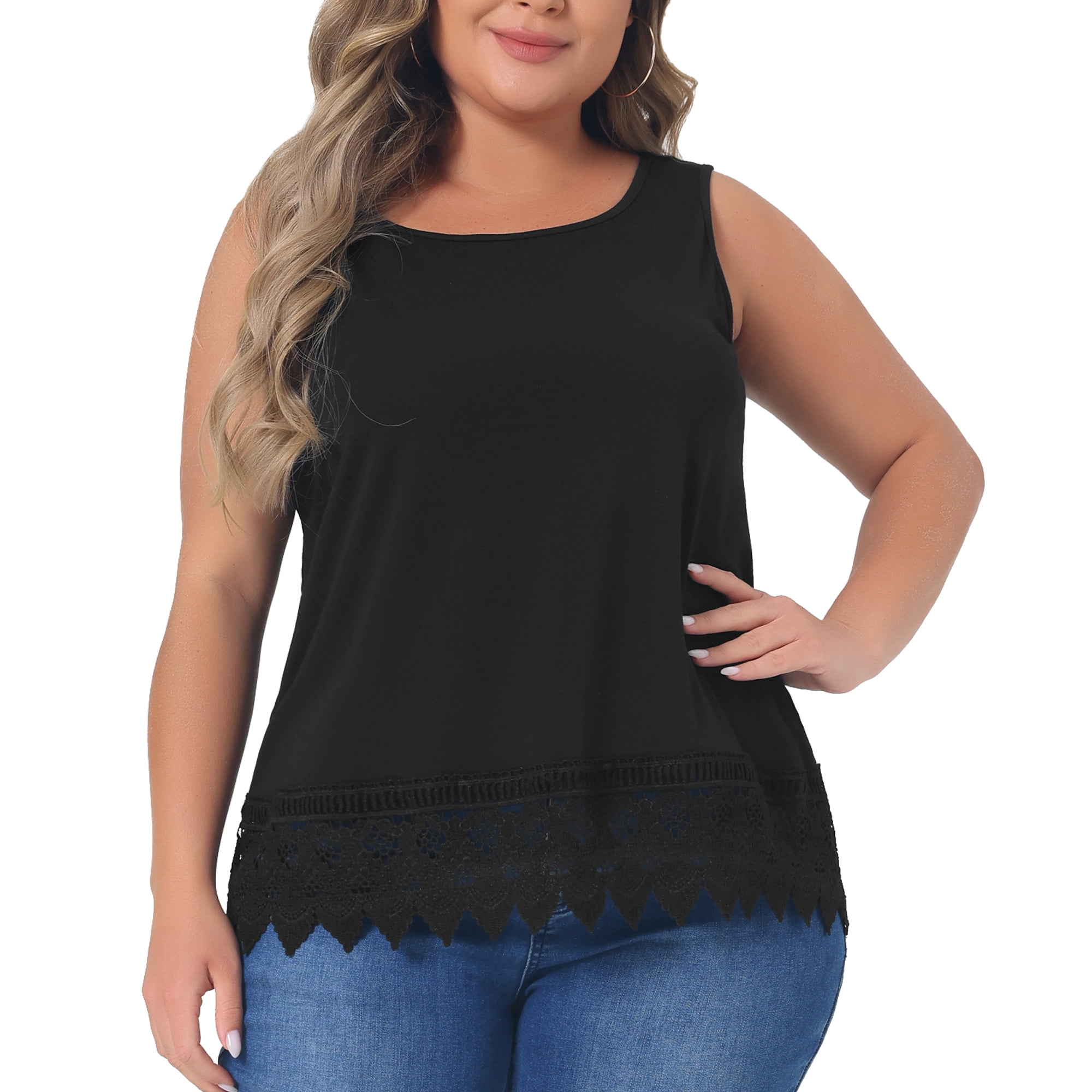 DARING DIVA Women's Plus Tank Tops Round Neck Swing Lace Panel Flowy Tops 2X Black