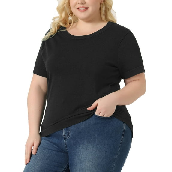 Unique Bargains Women Plus Size Tops Basic Round Neck Short Sleeve Knit Tee Blouses Black 2X