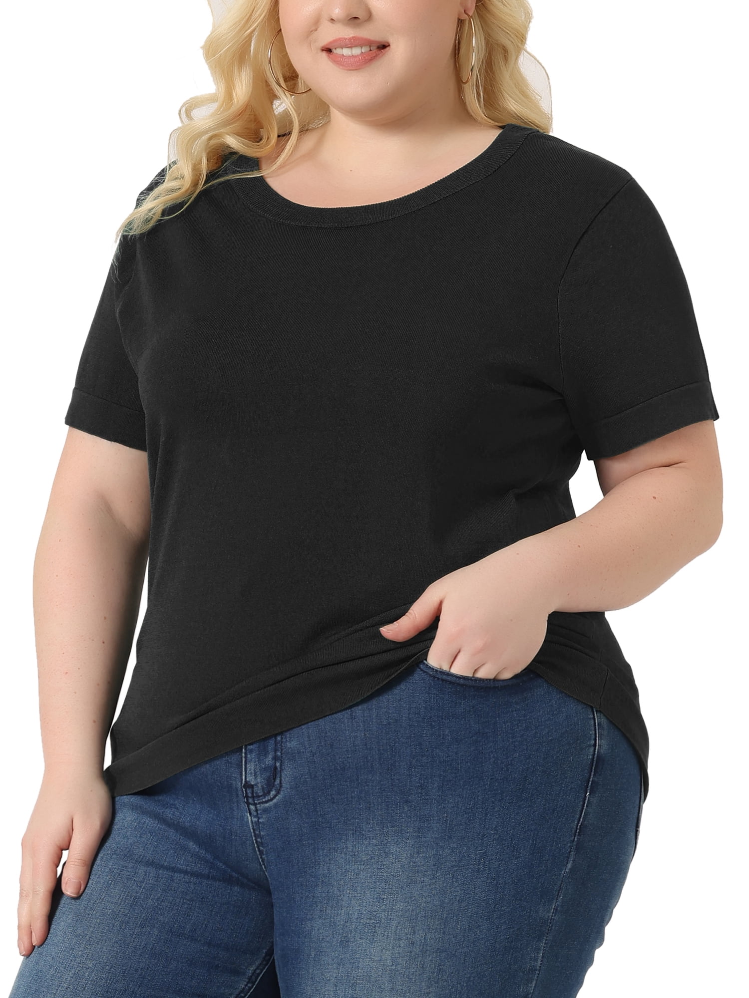 Unique Bargains Women Plus Size Tops Basic Round Neck Short Sleeve Knit Tee Blouses 4X Black