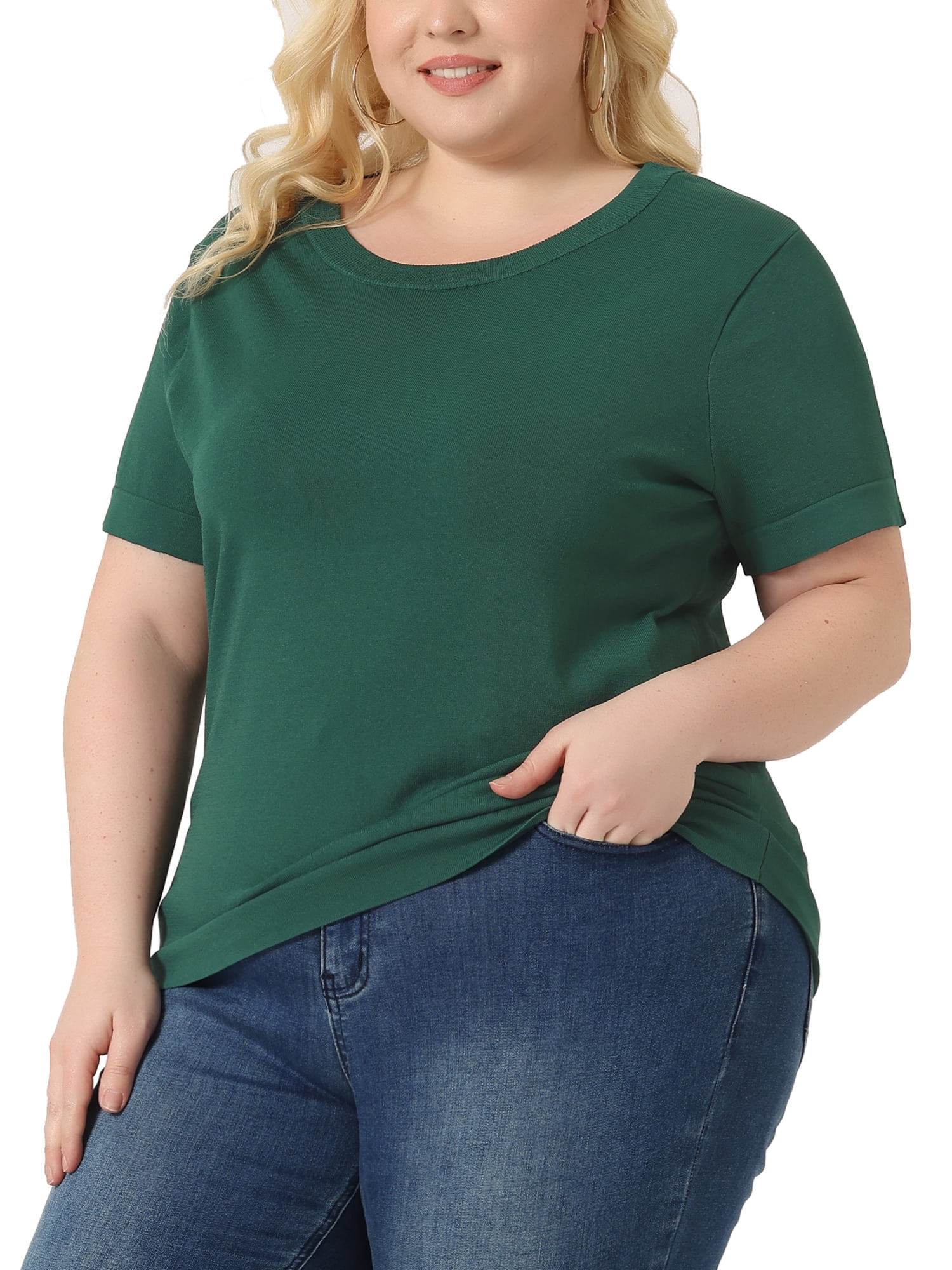 Unique Bargains Women Plus Size Tops Basic Round Neck Short Sleeve Knit Tee Blouses 3X Green