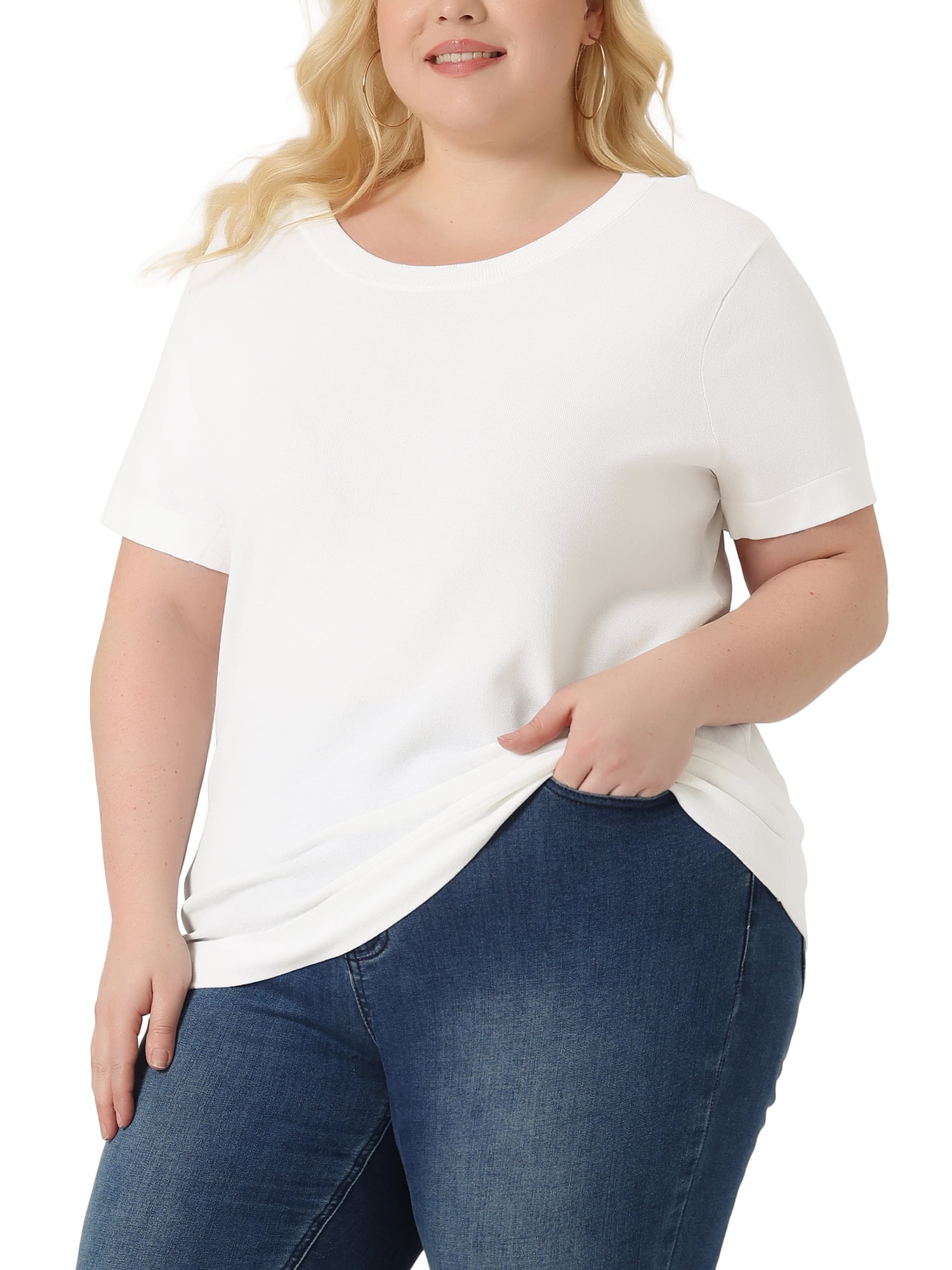 Unique Bargains Women Plus Size Tops Basic Round Neck Short Sleeve Knit Tee Blouses 1X White