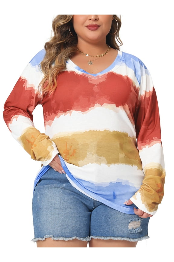 Women Plus Size Tops Long Sleeve Shirts V Neck Tie Dye Blouses Blue 2X