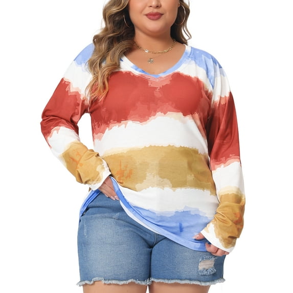 Unique Bargains Women Plus Size Tops Long Sleeve Shirts V Neck Tie Dye Blouses Blue 3X