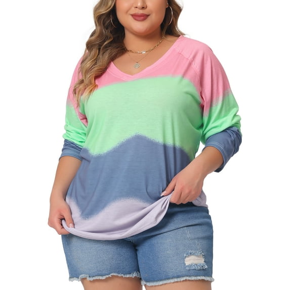Unique Bargains Women Plus Size Tops Long Sleeve Shirts V Neck Tie Dye Blouses Pink 1X