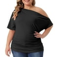 thumbnail image 1 of Unique Bargains Women Plus Size Tops One Shoulder Short Sleeve Ruched Basic Blouses 1X Black, 1 of 6