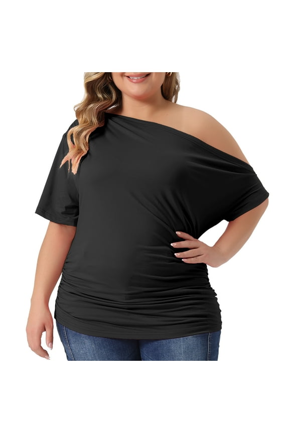Unique Bargains Women Plus Size Tops One Shoulder Short Sleeve Ruched Basic Blouses 1X Black