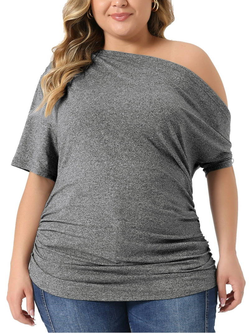 Unique Bargains Plus Size One Shoulder Short Sleeve Blouse 1X Gray