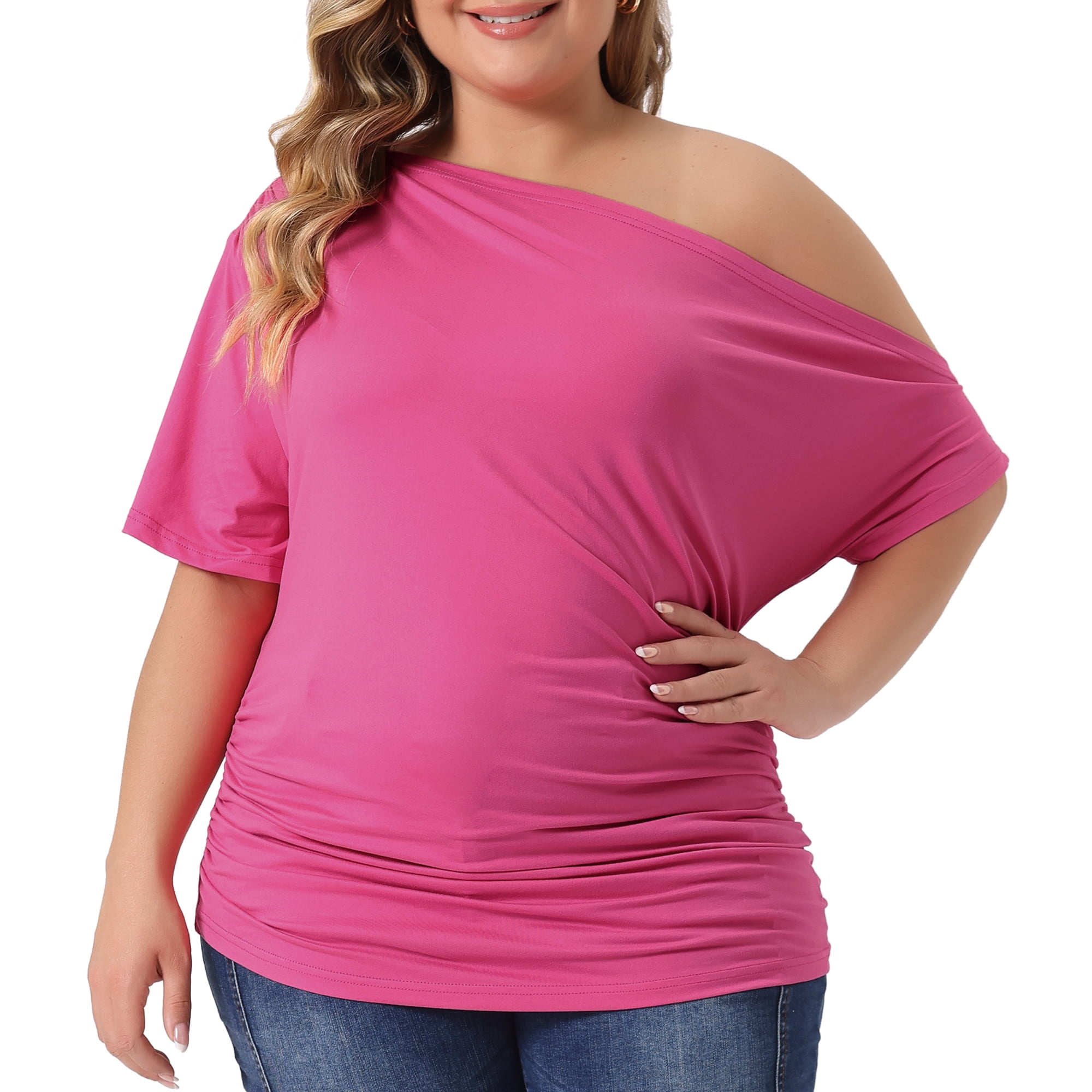 Women's Plus Tops One Shoulder Short Sleeve Ruched Basic Blouses Summer Tee Tops 2X Hot Pink