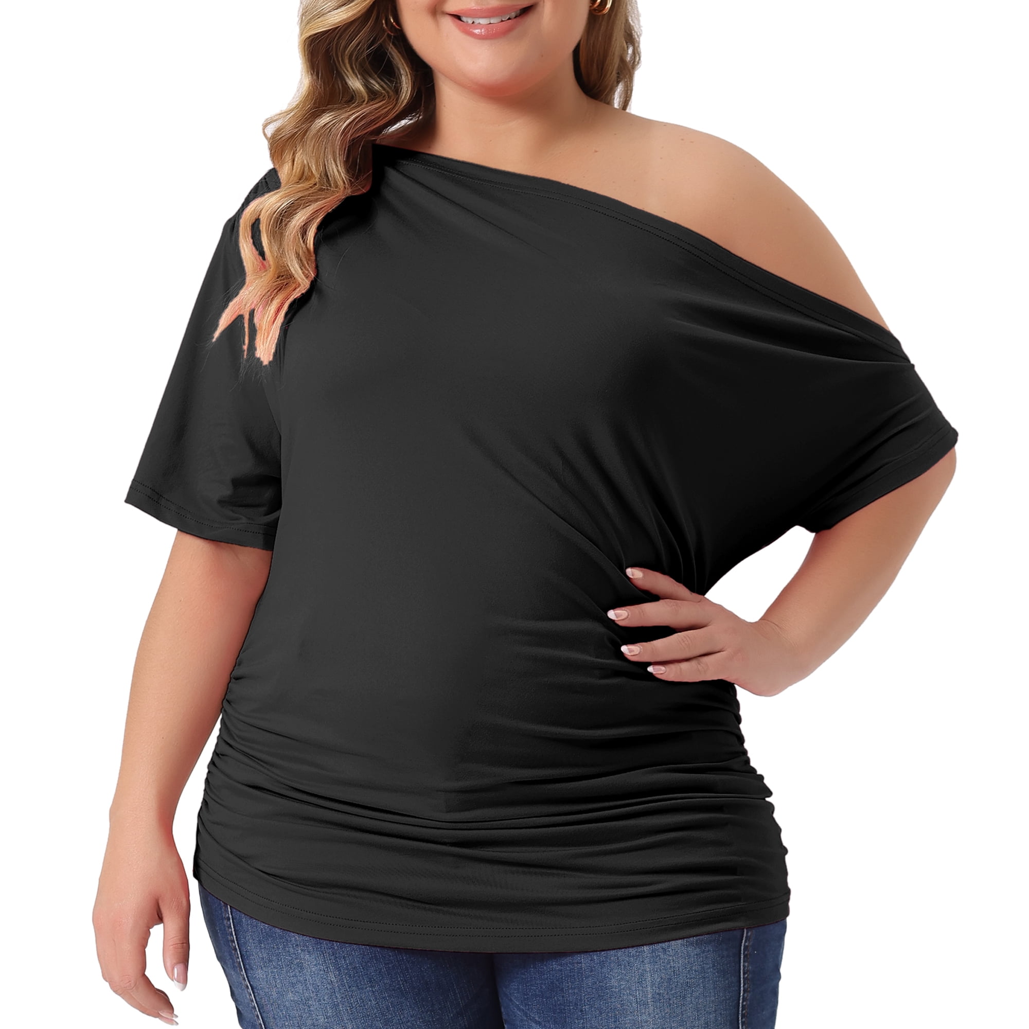 Women's Plus Tops One Shoulder Short Sleeve Ruched Basic Blouses Summer Tee Tops 3X Black