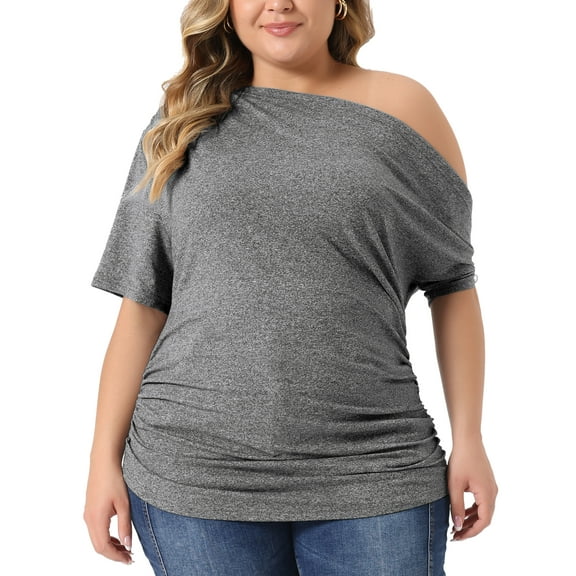 Unique Bargains Women Plus Size Tops One Shoulder Short Sleeve Ruched Basic Blouses 3X Gray