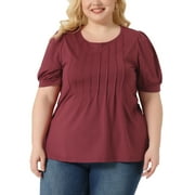 Unique Bargains Women Plus Size Tops Puff Short Sleeve Crew Neck Tunic Blouses Burgundy 1X