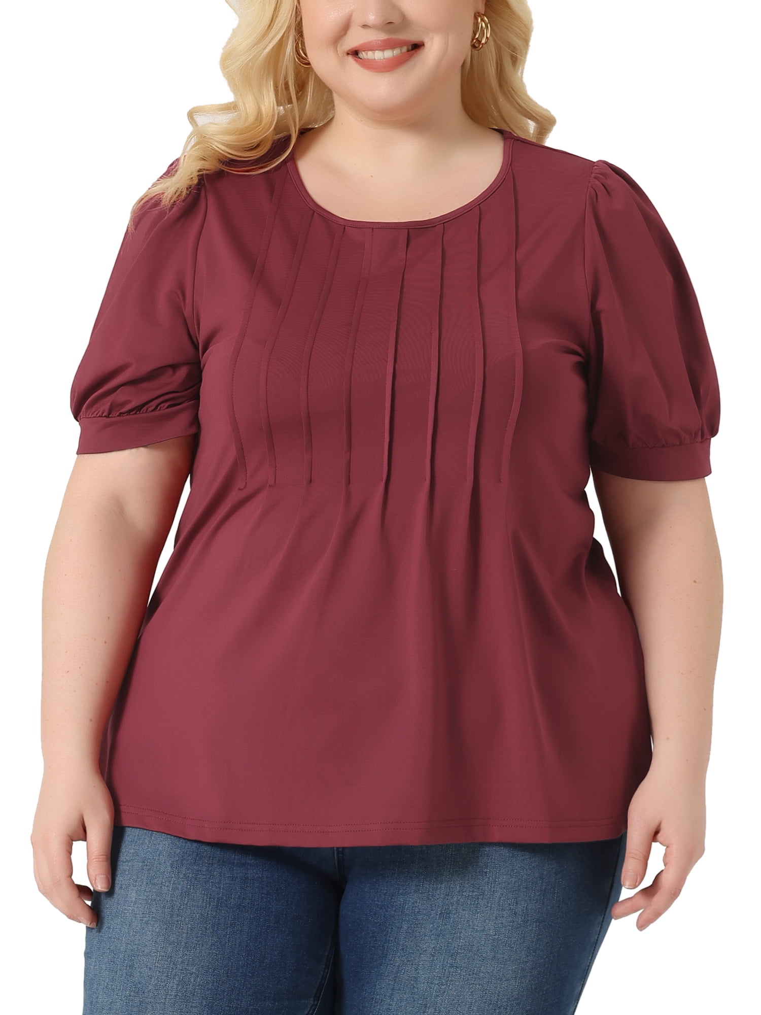 Women's Plus Top Puff Short Sleeve Tops Crew Neck Pleated Shirts Tunic Blouses 4X Burgundy