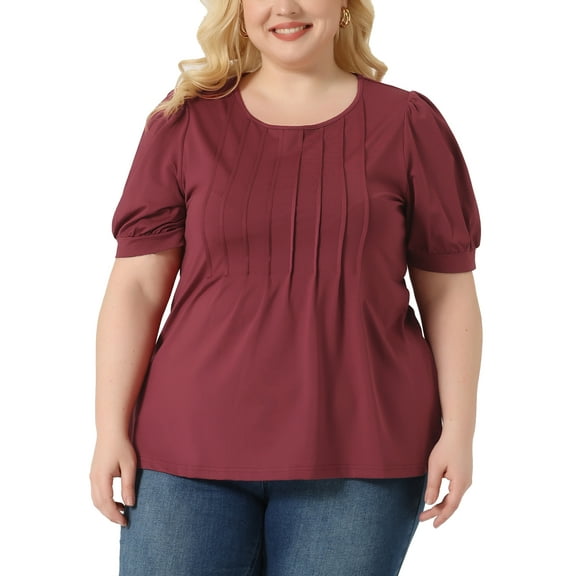 Unique Bargains Women Plus Size Tops Puff Short Sleeve Crew Neck Tunic Blouses Burgundy 4X