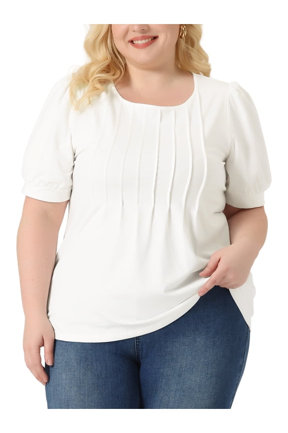 Unique Bargains Women Plus Size Tops Puff Short Sleeve Crew Neck Tunic Blouses White 2X