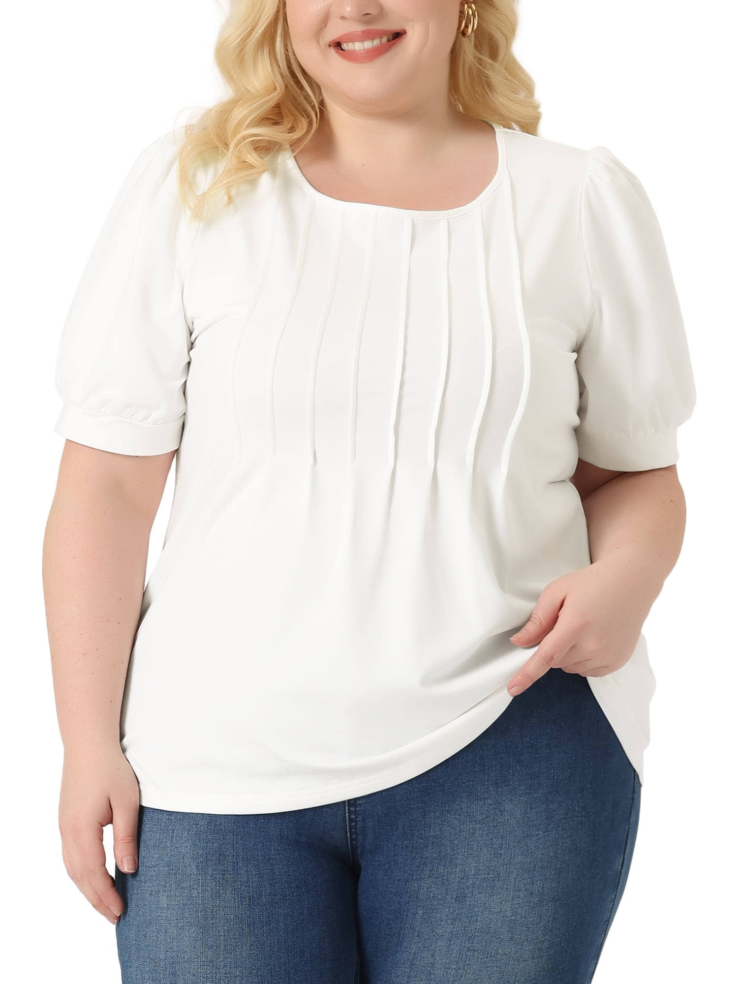 Women's Plus Top Puff Short Sleeve Tops Crew Neck Pleated Shirts Tunic Blouses 3X White