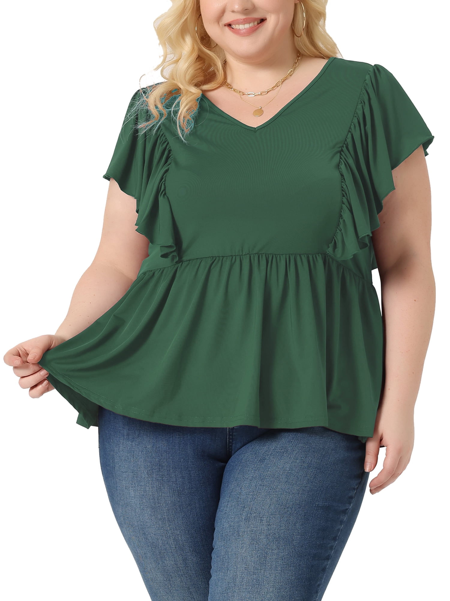 Unique Bargains Women Plus Size Tops V Neck Ruffle Sleeve Pleated Peplum Blouse Green 2X
