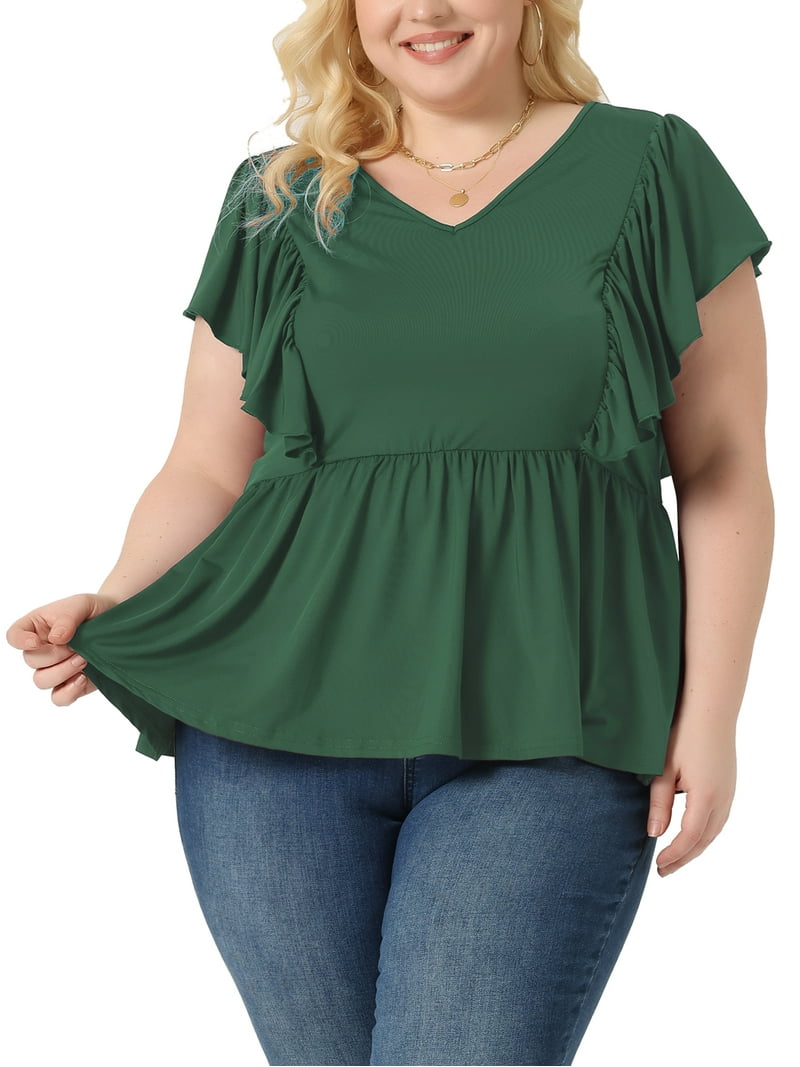 Bargains Women Plus Size V Neck Ruffle Sleeve Peplum Blouse