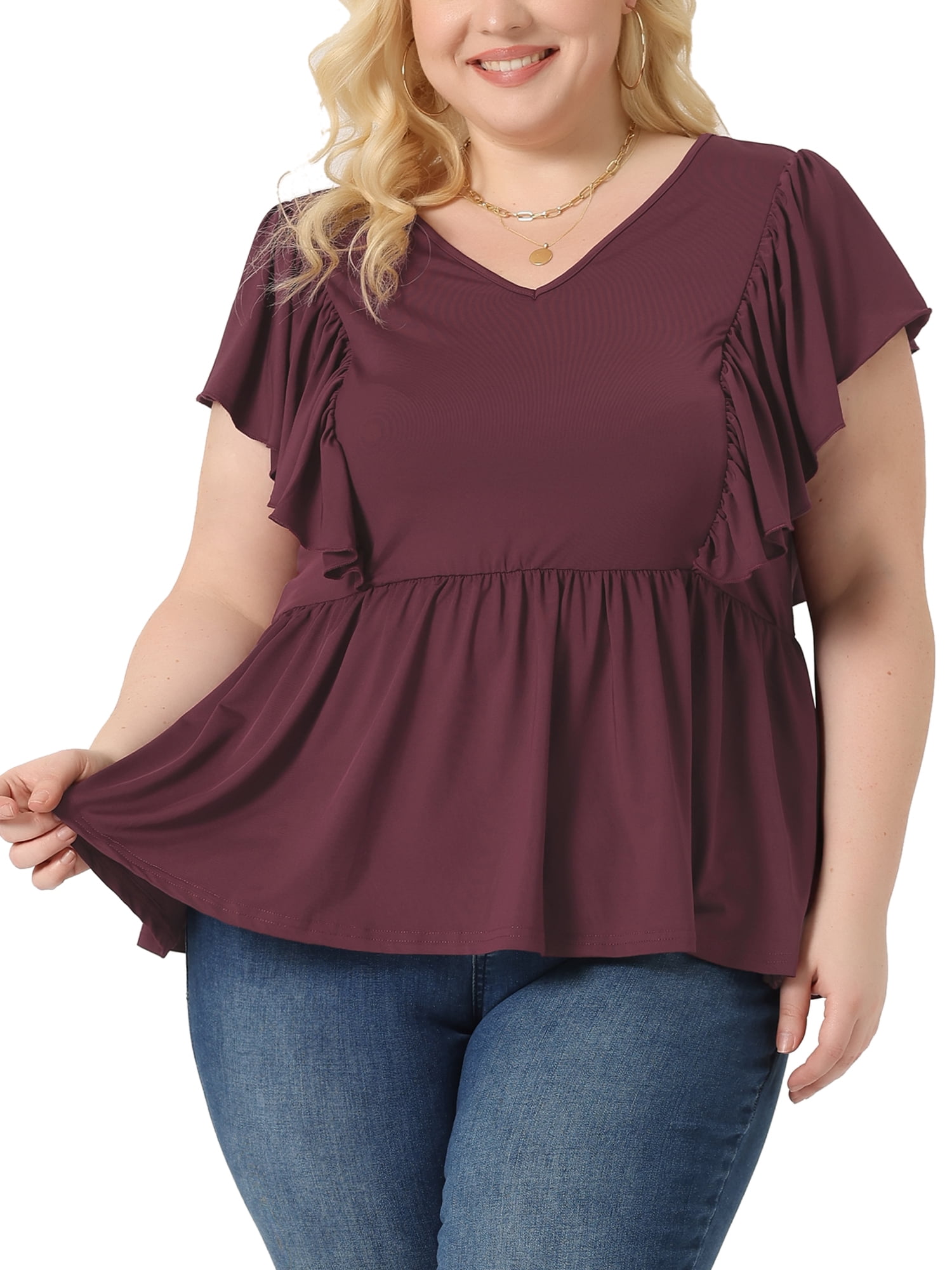Unique Bargains Women Plus Size Tops V Neck Ruffle Sleeve Pleated Peplum Blouse Purplish Red 4X