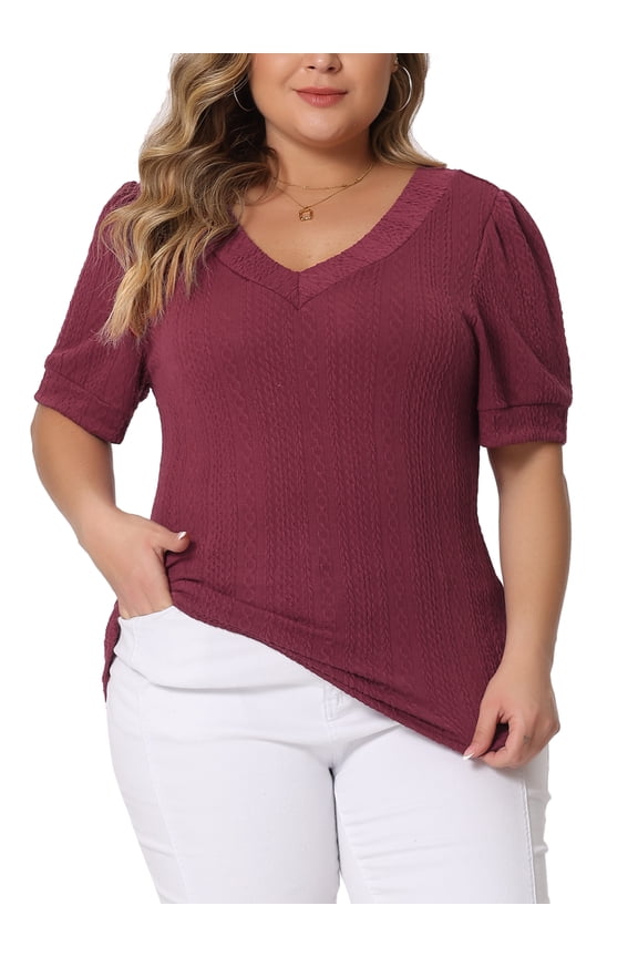 Women's Plus Tops V Neck Pullover Knitted Casual Blouses 1X Burgundy
