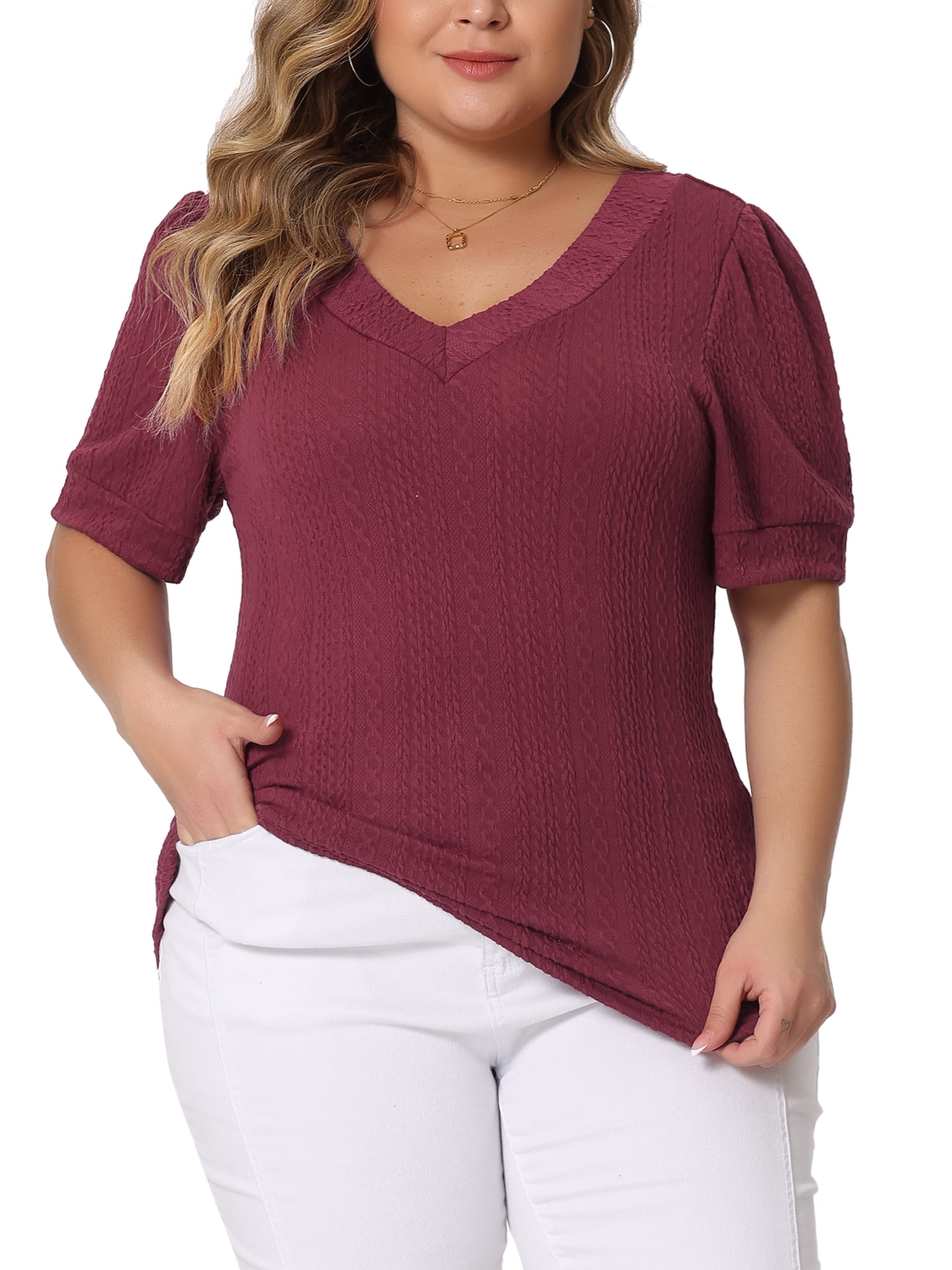 DARING DIVA Women's Plus Tops V Neck Pullover Knitted Casual Blouses 4X Burgundy