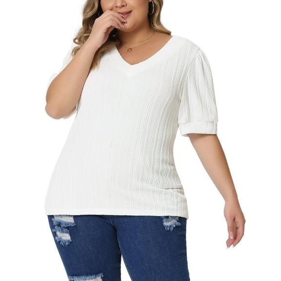 Unique Bargains Women Plus Size Tops V Neck Short Sleeve Pullover Knitted Casual Blouses White 1X
