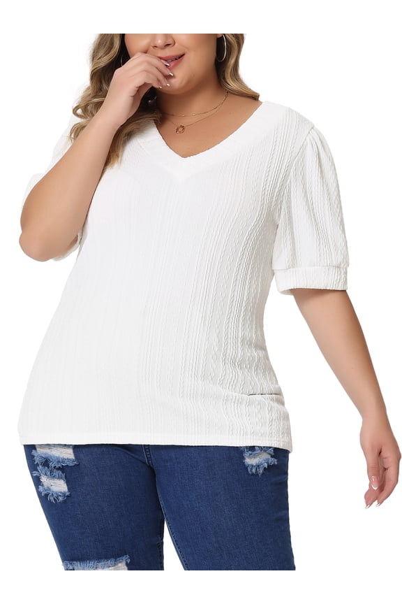 Women's Plus Tops V Neck Pullover Knitted Casual Blouses 1X White