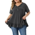 thumbnail image 1 of DARING DIVA Women's Plus V Neck Button Up Ruffled Hem Blouse Tops 1X Dark Gray, 1 of 6