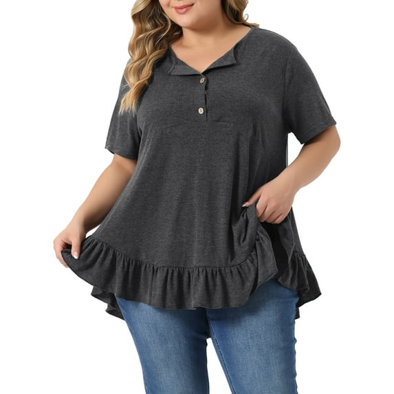 DARING DIVA Women's Plus V Neck Button Up Ruffled Hem Blouse Tops 1X Dark Gray