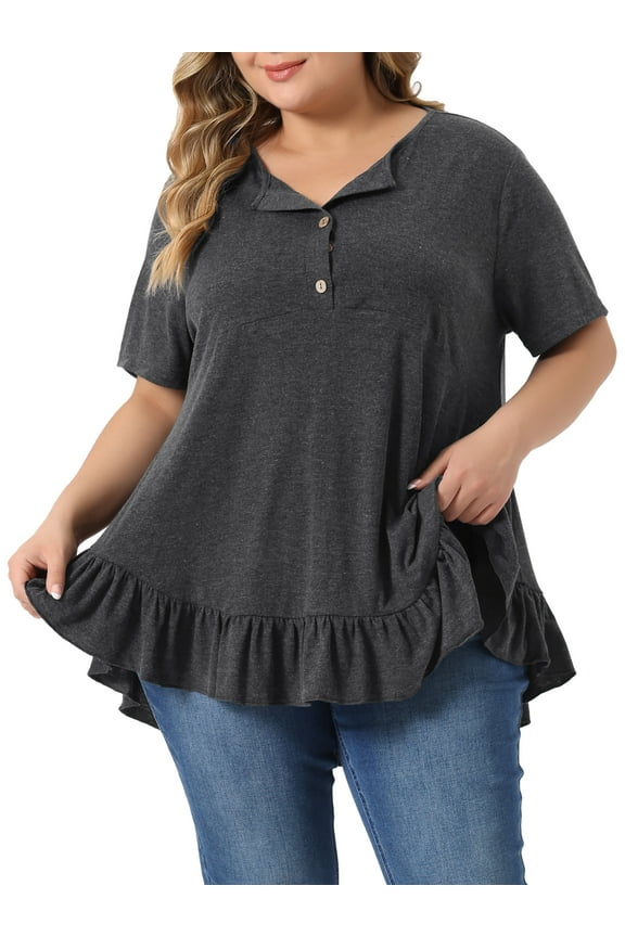 Unique Bargains Women Plus Size V Neck Button Up Short Sleeve Ruffled Hem Blouse Tops 1X Dark Gray