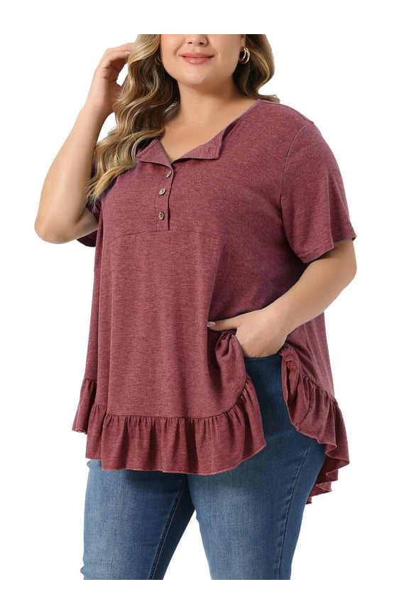 Women's Plus T Shirts Henley V Neck Button Up Short Sleeve Ruffled Hem Blouses Tops 2X Burgundy