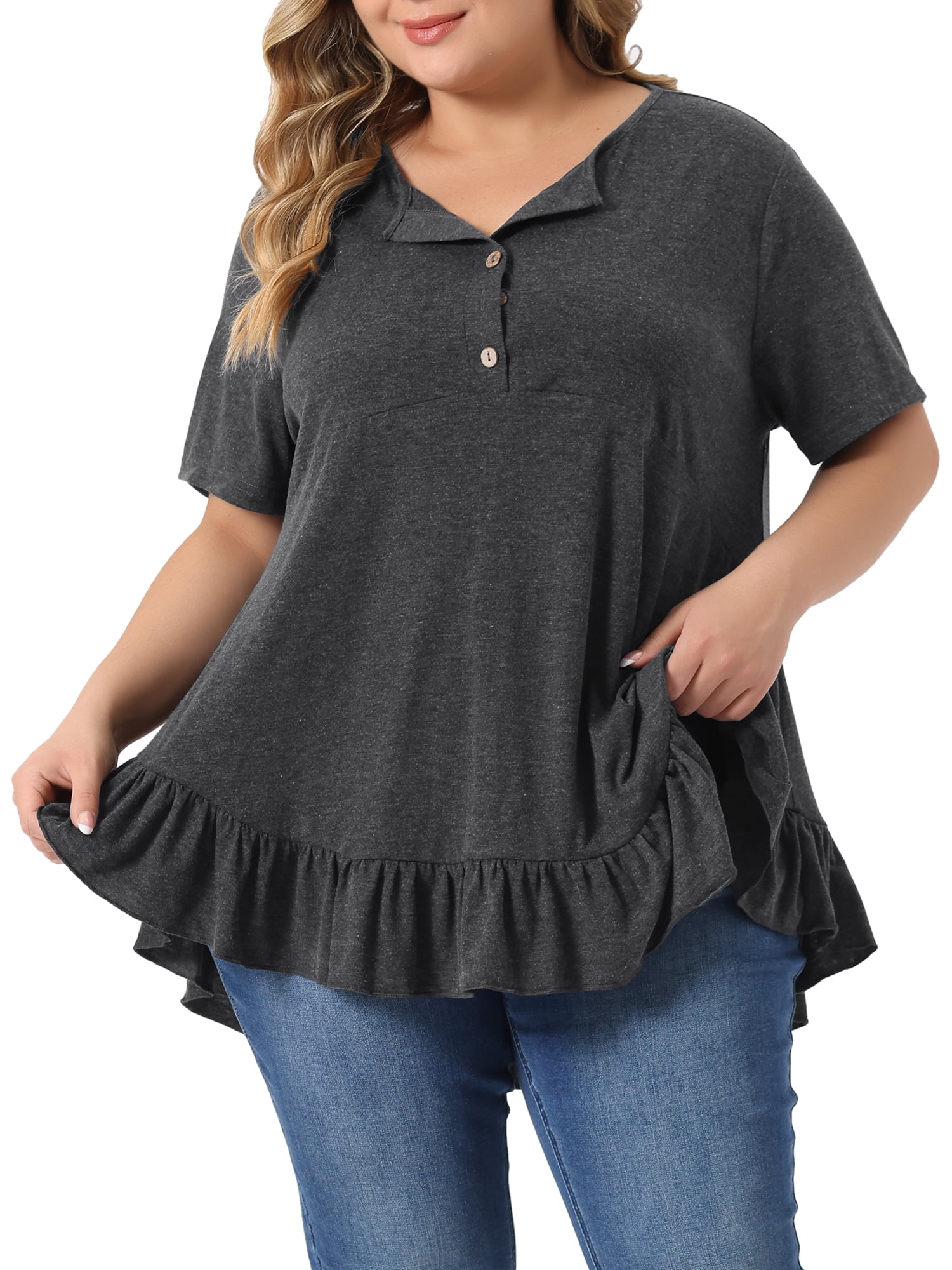 Women's Plus T Shirts Henley V Neck Button Up Short Sleeve Ruffled Hem Blouses Tops 3X Dark Gray