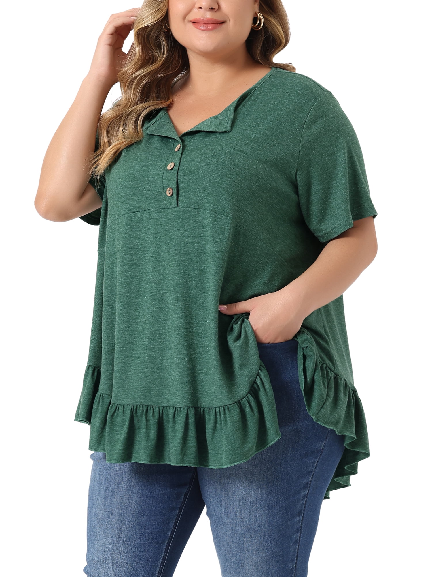 Women's Plus T Shirts Henley V Neck Button Up Short Sleeve Ruffled Hem Blouses Tops 3X Dark Green