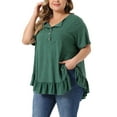 thumbnail image 1 of DARING DIVA Women's Plus V Neck Button Up Ruffled Hem Blouse Tops 3X Dark Green, 1 of 6