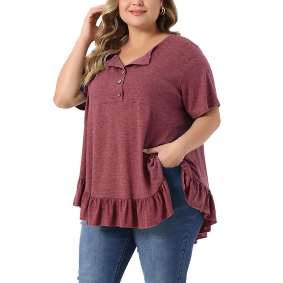 Unique Bargains Women Plus Size V Neck Button Up Short Sleeve Ruffled Hem Blouse Tops 4X Burgundy