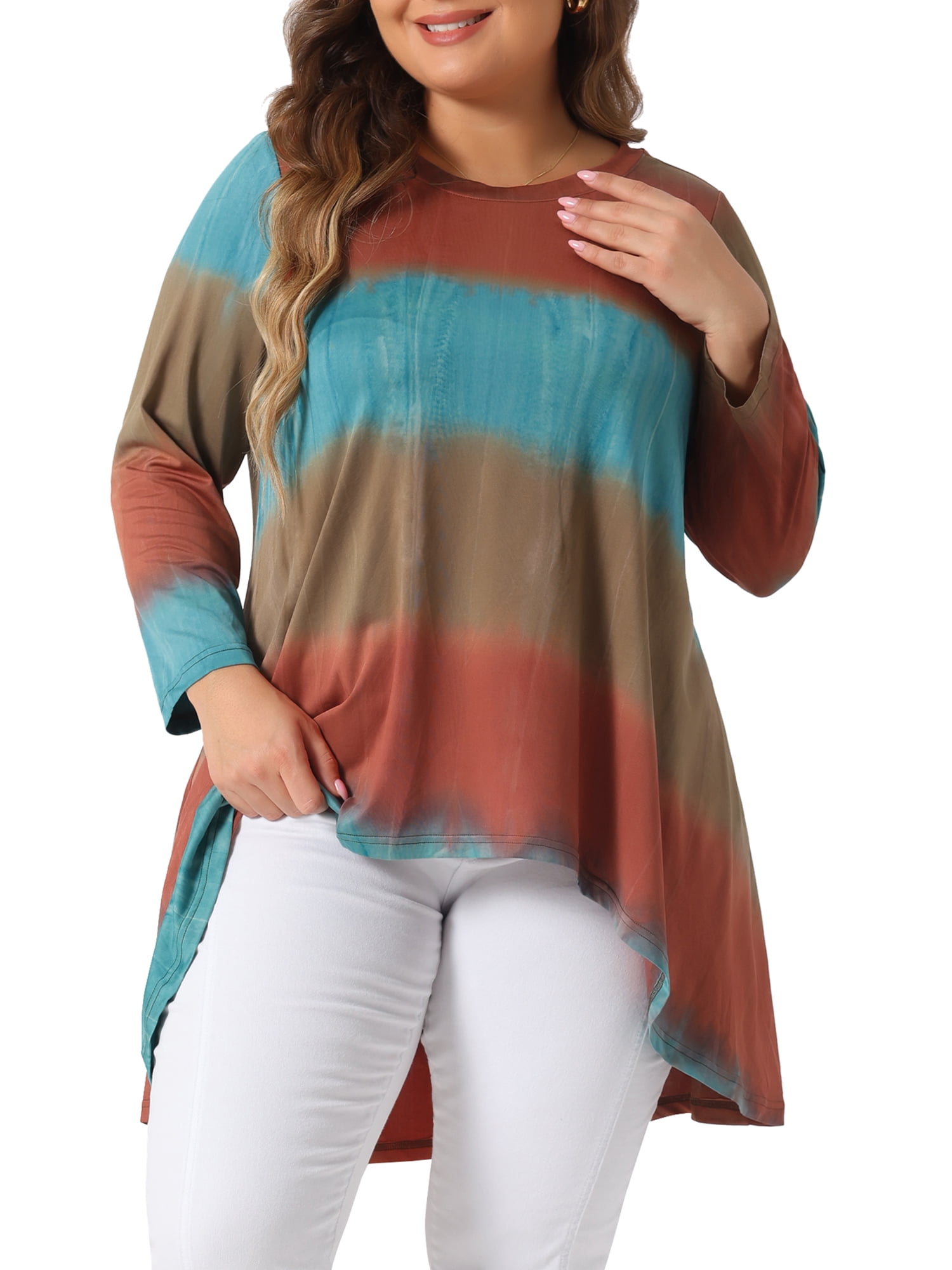 Unique Bargains Women' Plus Tie Dye High Low Tunic Tops Tee Shirts 1X Orange