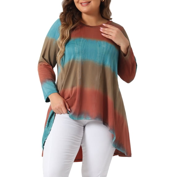 Unique Bargains Women' Plus Tie Dye High Low Tunic Tops Tee Shirts 2X Orange