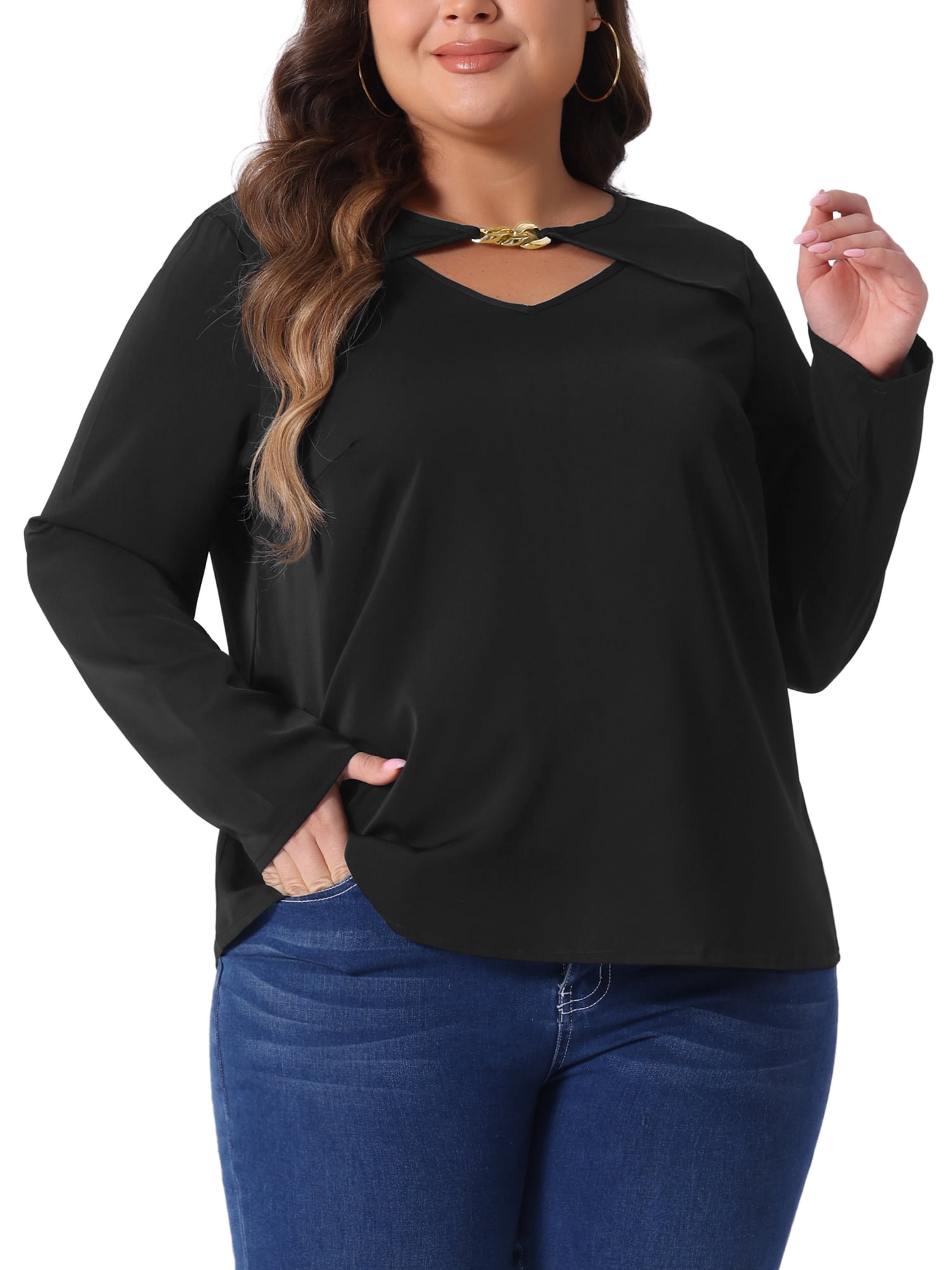 Unique Bargains Women' Plus V Neck Long Sleeve Cutout Front Basic Blouse 3X Black