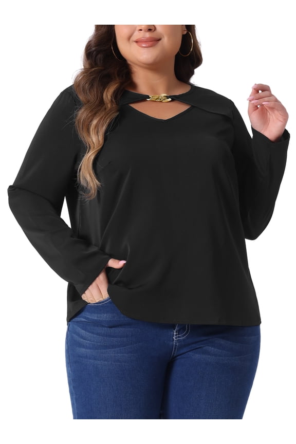 Women' Plus V Neck Long Sleeve Cutout Front Basic Blouse 3X Black