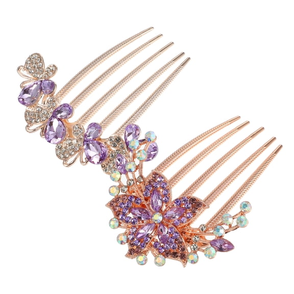 Unique Bargains Women Rhinestone Inlaid Flower Hair Comb 2Pcs Purple