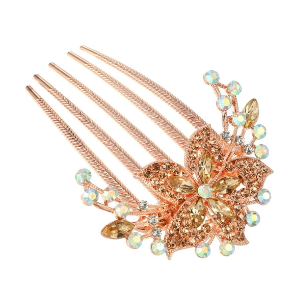 Unique Bargains Women Rhinestone Inlaid Flower Hair Comb Hair Accessory Rhinestone Head Pieces Champagne