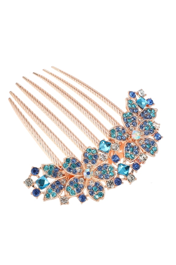 Women Rhinestone Inlaid Flower Hair Comb Hairpin Hair Accessory Rhinestone Head Pieces Blue