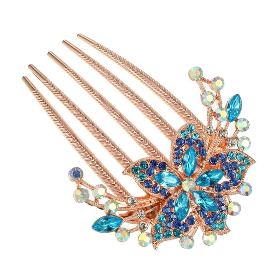 Unique Bargains Women Rhinestone Inlaid Flower Hair Comb Hair Accessory Hair Side Comb Clips Rhinestone Head Pieces Sky Blue
