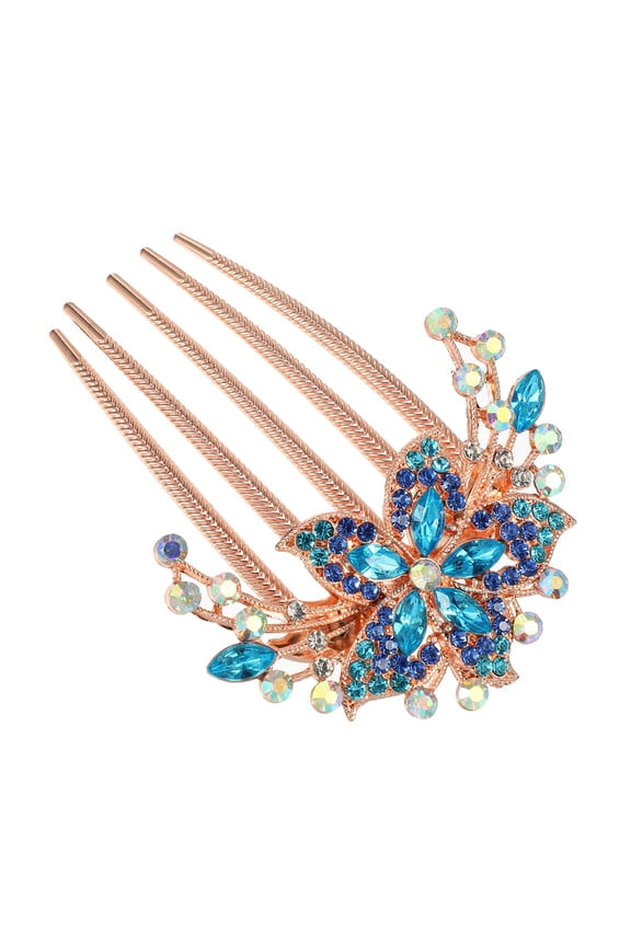 Women Rhinestone Inlaid Flower Hair Comb Hair Accessory Hair Side Comb Clips Rhinestone Head Pieces Sky Blue