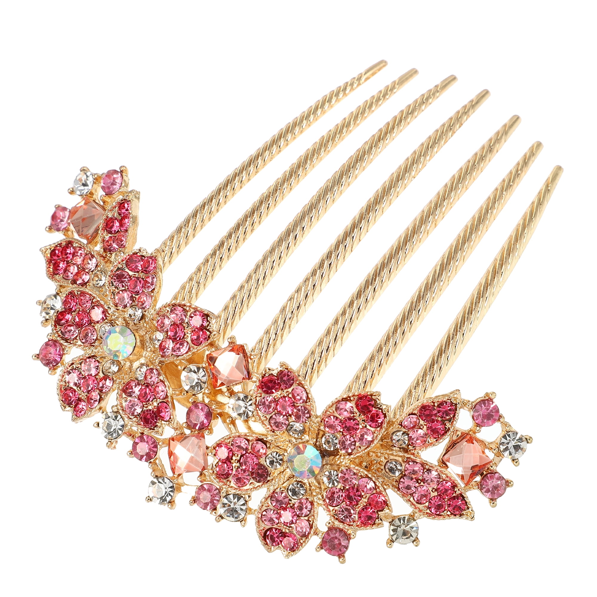Unique Bargains Women Rhinestone Inlaid Flower Hair Comb Pink