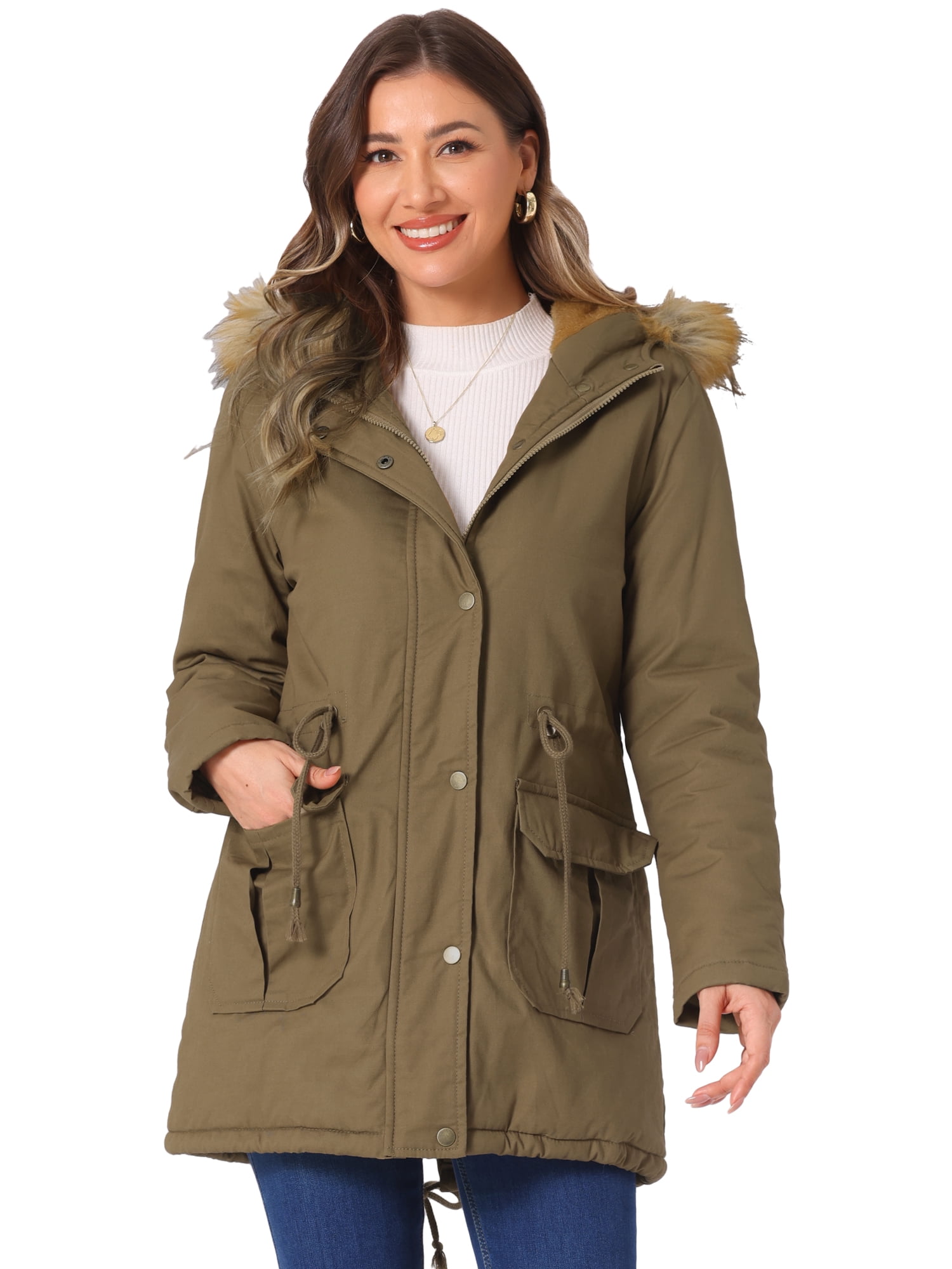 Unique Bargains Women Windproof Winter Parka Puffer Coat with Faux Fur Hood 2XL Khaki