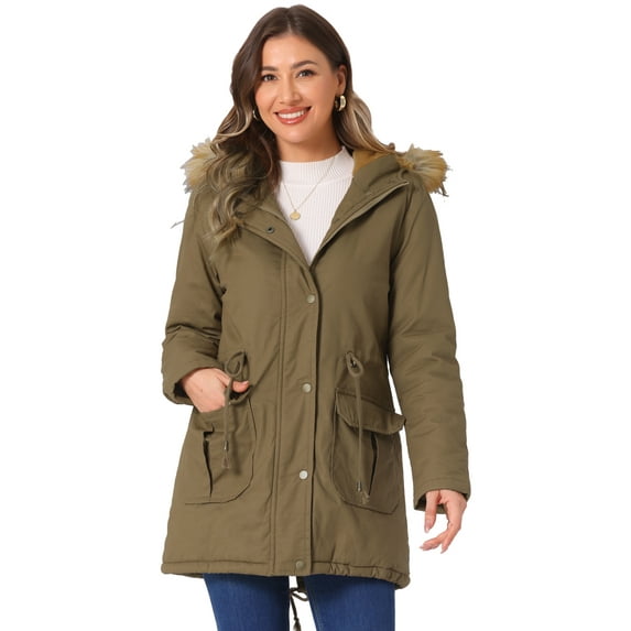 Unique Bargains Women Windproof Winter Parka Puffer Coat with Faux Fur Hood 2XL Khaki