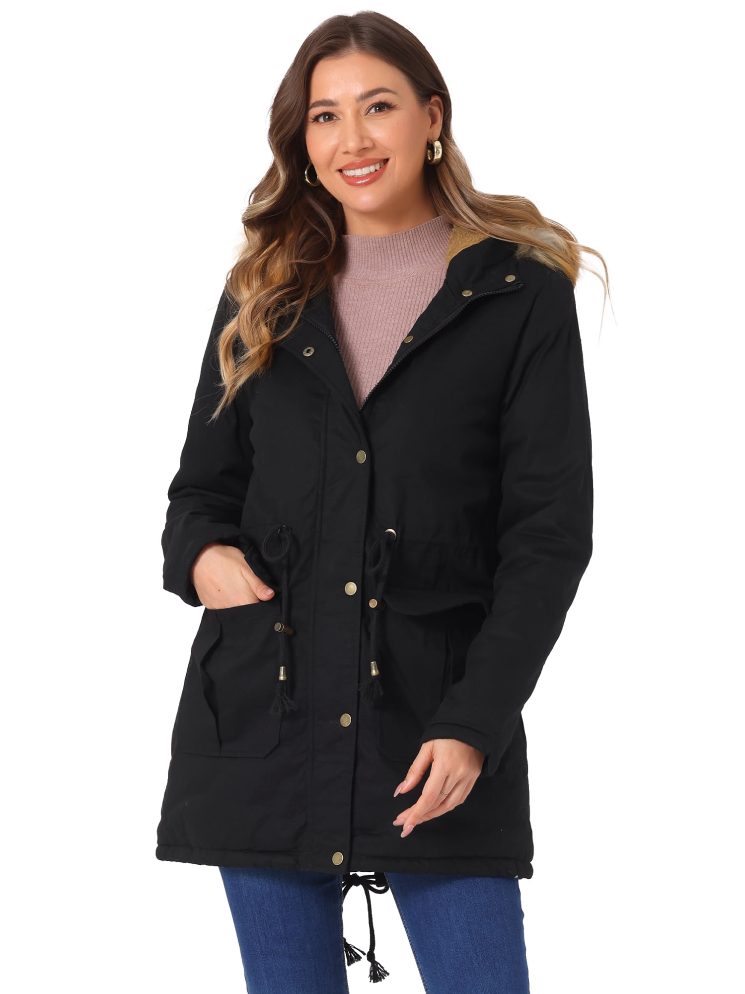 Unique Bargains Women Windproof Winter Parka Puffer Coat with Faux Fur Hood L Black